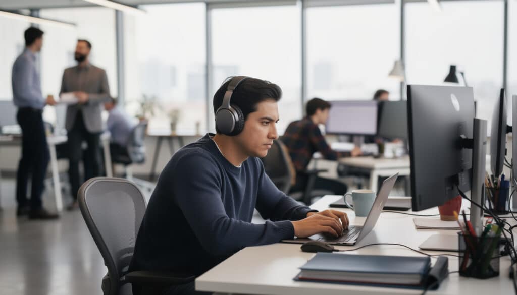 découvrez comment le casque à réduction de bruit offre une isolation optimale dans les open spaces, améliorant concentration et confort au travail.