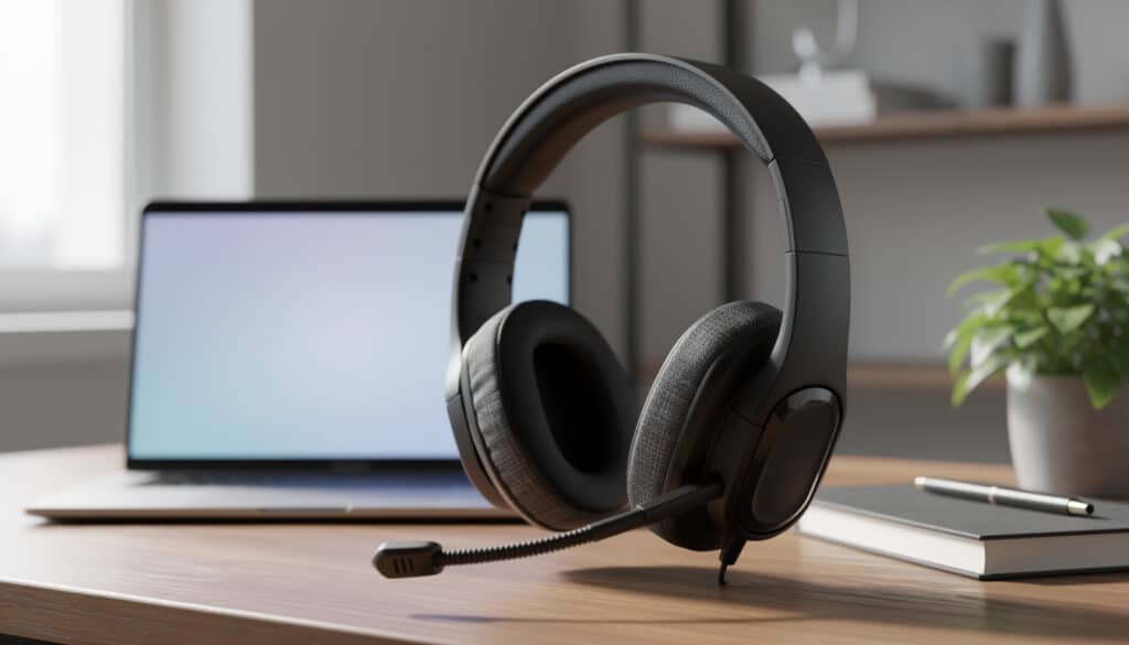 découvrez le casque audio avec micro à perche, l'accessoire idéal pour le télétravail, offrant confort et qualité sonore pour des communications claires et efficaces.