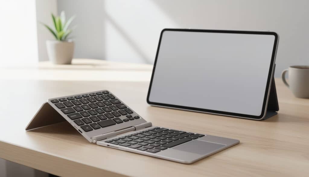 découvrez le clavier bluetooth pliable, idéal pour une saisie de texte confortable et pratique sur tablette, où que vous soyez.