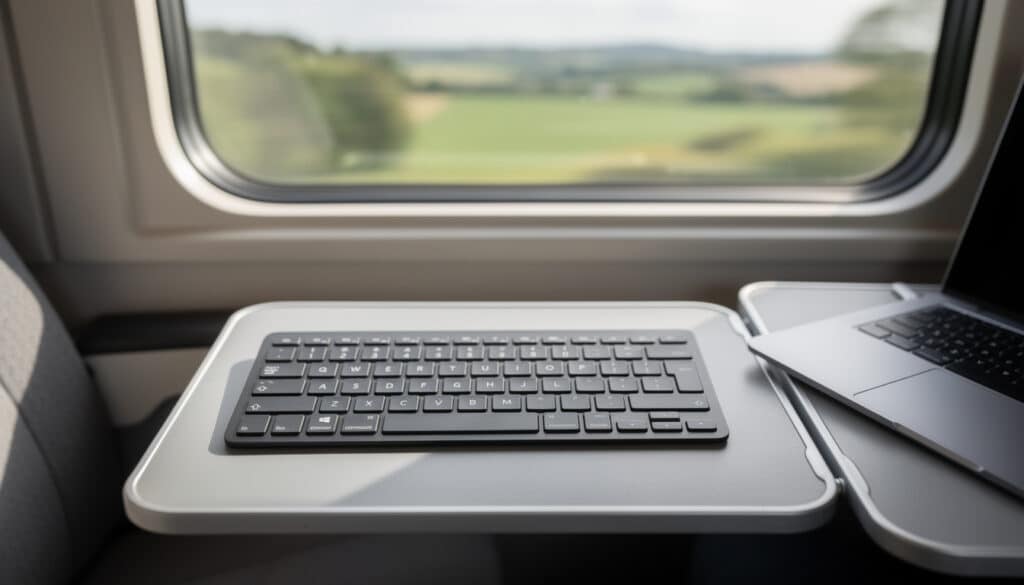 découvrez le clavier sans fil compact, parfait pour travailler efficacement dans le train grâce à sa portabilité et sa facilité d'utilisation.