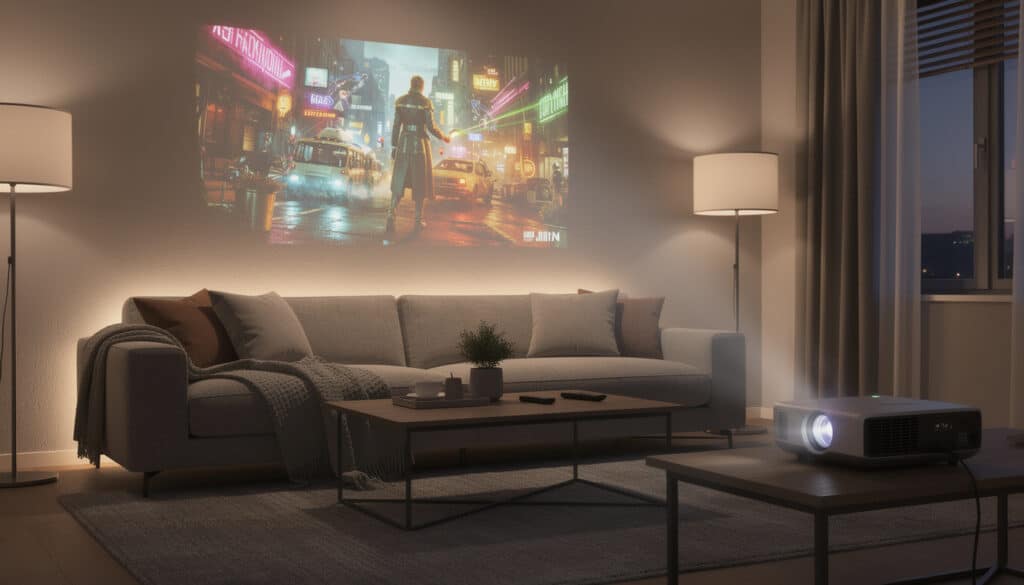 découvrez le projecteur nomade qui transforme votre salon en une salle de cinéma haute définition, pour une expérience immersive et conviviale à domicile.
