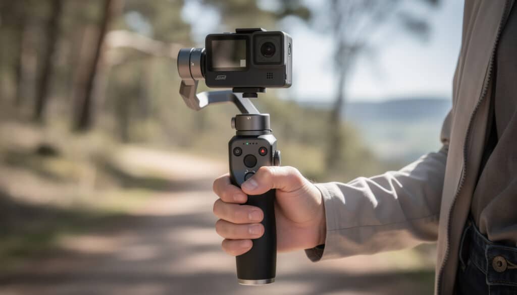 le stabilisateur gimbal améliore la fluidité des vidéos capturées avec une caméra d'action, garantissant des images stables et professionnelles même en mouvement.