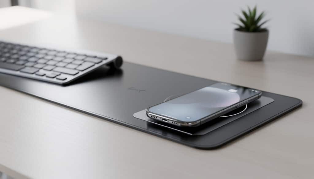découvrez le tapis de souris innovant avec charge sans fil intégrée, qui alimente votre smartphone directement sur votre bureau pour une efficacité maximale.