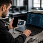 découvrez comment un technicien utilise un logiciel spécialisé pour récupérer les données d'un téléphone samsung avec écran noir.