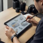 découvrez comment le graphiste utilise le stylet intégré de la tablette samsung tab a6 pour créer des dessins précis et expressifs.