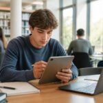 découvrez comment un étudiant se prépare pour ses cours à l'université en utilisant sa samsung galaxy tab s6 lite wi-fi, l'outil idéal pour étudier efficacement.