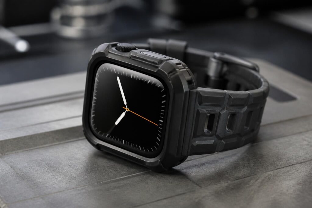 découvrez la coque rhinoshield pour apple watch, conçue par l'accessoiriste réputé pour protéger efficacement votre montre contre les chocs violents.