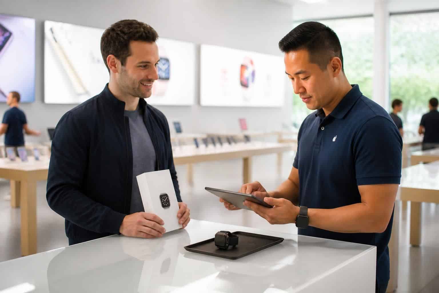 découvrez comment le vendeur en apple store calcule l'estimation de reprise de votre apple watch lors de l'achat d'un nouveau modèle, pour une transaction simple et avantageuse.