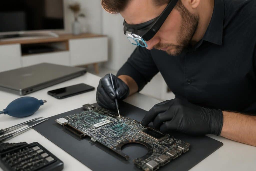 pour réparer une carte mère oxydée, bénéficiez du service de proximité macplace, réparation mac et diagnostic apple à domicile, rapide et fiable.